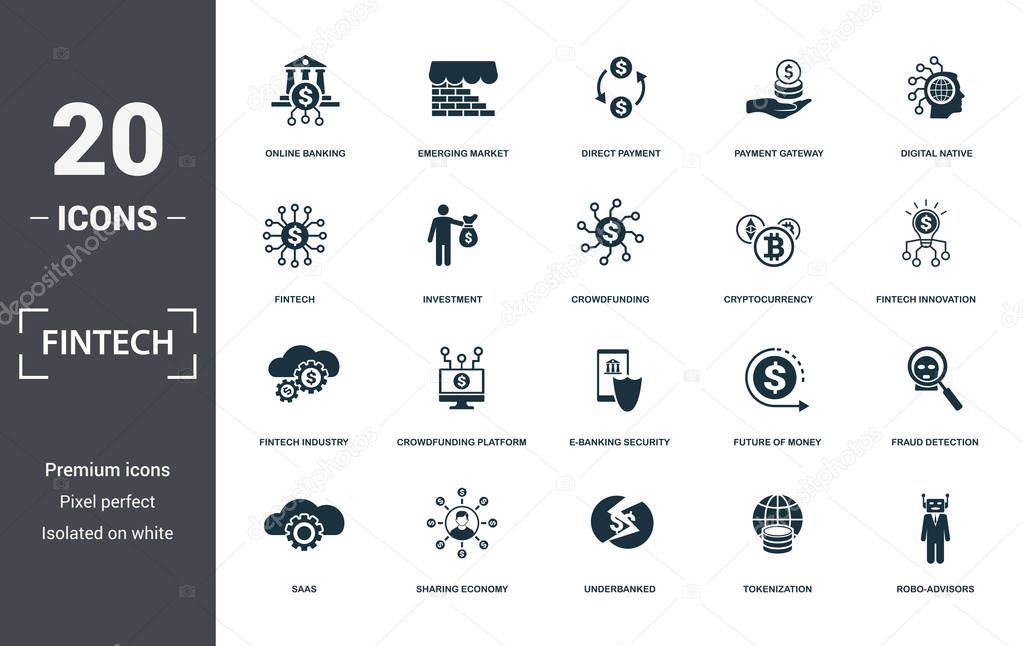 Fintech set icons collection. Includes simple elements such as Online Banking, Emerging Market, Direct Payment, Digital Native, Crowdfunding Platform and E-Banking Security premium icons