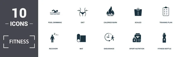 Ensemble d'icônes de fitness collection. Comprend des éléments simples tels que la piscine, le régime alimentaire, les calories brûlées, les échelles, le plan d'entraînement, les tapis et les icônes de prime d'endurance — Photo