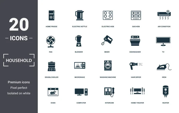 Hushållens ikoner set Collection. Inkluderar enkla element som hem kylskåp, elektrisk vattenkokare, elektrisk kokplatta, gasspis, luftkonditionering, mikrovågsugn och tvättmaskin Premium ikoner — Stockfoto