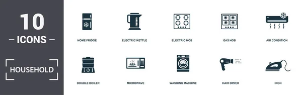 Household icons set collection. Includes simple elements such as Home Fridge, Electric Kettle, Electric Hob, Gas Hob, Air Condition, Microwave and Washing Machine premium icons — Stock Photo, Image