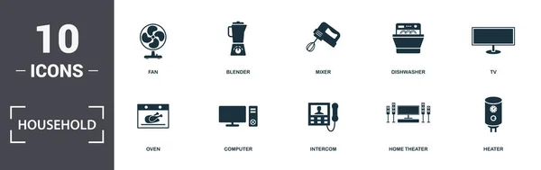 Collezione di icone per la casa. Include elementi semplici come ventola, frullatore, miscelatore, lavastoviglie, TV, computer e citofono icone premium — Foto Stock