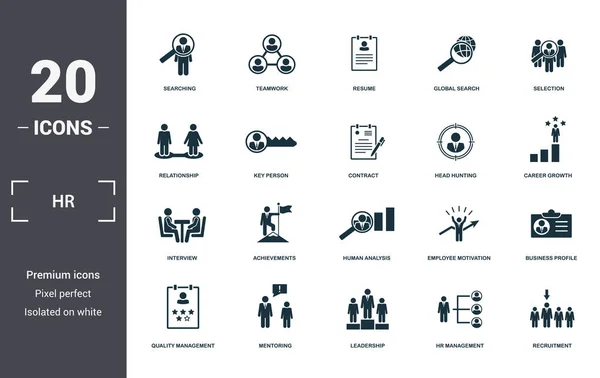 Colección de iconos de Recursos Humanos. Incluye elementos simples como búsqueda, trabajo en equipo, curriculum vitae, búsqueda global, selección, logros e iconos premium de análisis humano — Foto de Stock