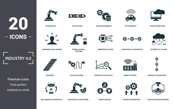 Colección de iconos de Industria 4.0. Incluye elementos simples como Automatización, Cadena de Valor, Gestión de Datos, Autónomo, Cloud Computing, Plug And Work y Predictive Analytics iconos premium — Foto de Stock