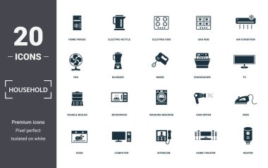 Ev simgeleri koleksiyonu ayarlar. Ev Buzdolabı, Elektrikli Su ısıtıcısı, Elektrikli Ocak, Gaz Ocağı, Klima, Mikrodalga ve Çamaşır Makinesi prim simgeleri gibi basit unsurları içerir