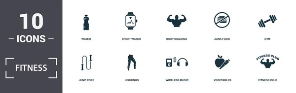 Conjunto de ícones de fitness coleção. Inclui elementos simples, como água, Sport Watch, Body Building, Junk Food, Ginásio, Leggings e ícones premium de música sem fio —  Vetores de Stock