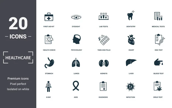 Kolekcja zestaw ikon opieki zdrowotnej. Zawiera proste elementy, takie jak apteczka, wzrok, testy laboratoryjne, stomatologia, testy medyczne, płuca i nerki ikony premii — Wektor stockowy