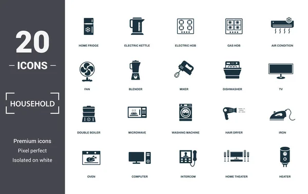 Iconos del hogar conjunto de colección. Incluye elementos simples como nevera, hervidor eléctrico, encimera eléctrica, encimera de gas, aire acondicionado, microondas y lavadora iconos premium — Vector de stock