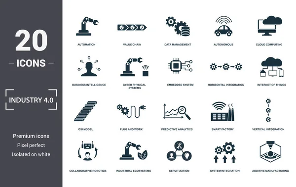 Ipari 4,0 ikonok meg gyűjtemény. Magában foglalja az egyszerű elemeket, mint például automatizálás, értéklánc, adatkezelés, autonóm, Cloud Computing, Plug and Work és a prediktív Analytics prémium ikonok — Stock Vector