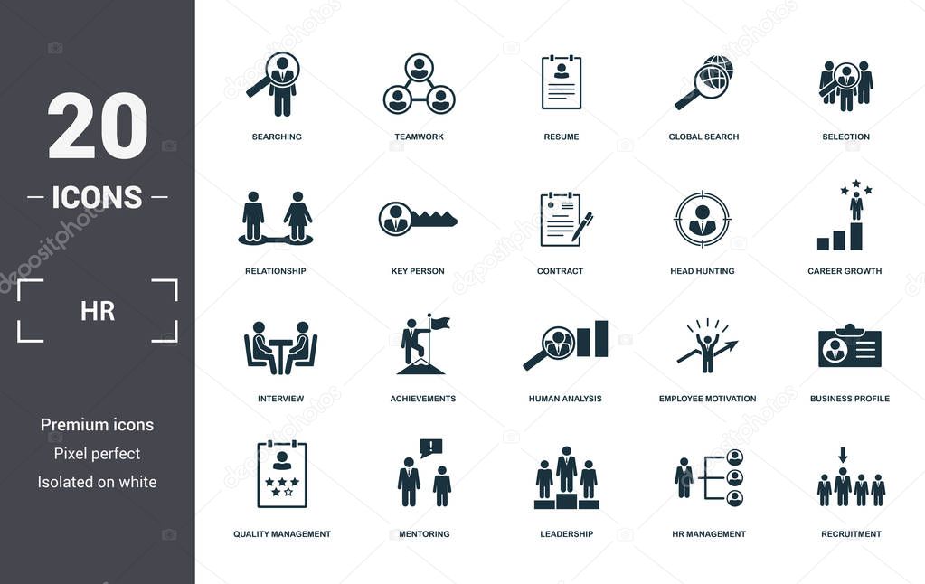 Human Resources icons set collection. Includes simple elements such as Searching, Teamwork, Resume, Global Search, Selection, Achievements and Human Analysis premium icons