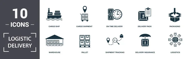 Logisztikai kézbesítési ikonok készlet gyűjtemény. Magában foglalja az egyszerű elemeket, mint például a teherhajó, Cargo szállítólevél, on Time Delivery, szállítási csomag, csomagolás, raklap és szállítólevél követés Premium ikonok — Stock Fotó