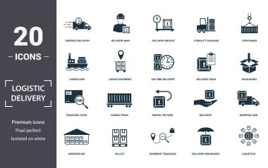 Lojistik Teslimat simgeleri koleksiyonu ayarlar. Ekspres Teslimat, Teslimat Elemanı, Teslimat Ağırlığı, Forklift Paketi, Konteyner, Kargo Treni ve Koli İade primi simgeleri gibi basit unsurları içerir