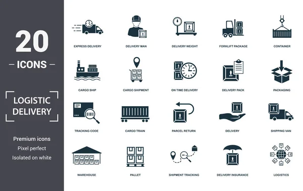 Logistik Lieferung Symbole Set Sammlung. beinhaltet einfache Elemente wie Expresszustellung, Zusteller, Zustellgewicht, Gabelstapler-Paket, Container, Güterzug und Paketrückgabe Premium-Symbole — Stockvektor