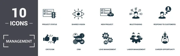 Management-Symbole setzen Sammlung. beinhaltet einfache Elemente wie Projektstatus, gemeinsame Vision, neues Projekt, Multitasking, Kundenansprache, CRM und Lead Management Premium-Symbole — Stockvektor