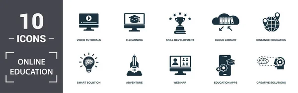 Coleção de conjuntos de ícones de educação online. Inclui elementos simples, como tutoriais em vídeo, E-Learning, Desenvolvimento de Habilidade, Biblioteca em Nuvem, Educação a Distância, Aventura e ícones premium Webinar —  Vetores de Stock