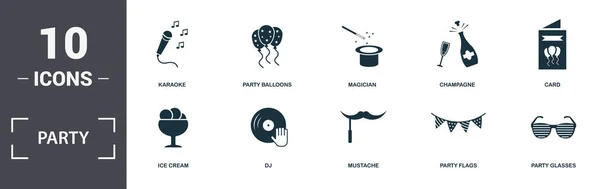 Icono de fiesta iconos conjunto de colección. Incluye elementos simples como Karaoke, Globos de fiesta, Mago, Champán, Tarjeta, Dj y Mustache iconos premium — Vector de stock