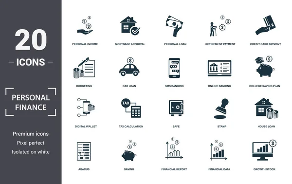 Kişisel Finans simgeleri koleksiyonu ayarlar. Kişisel Gelir, Mortgage Onayı, Bireysel Kredi, Emeklilik Ödemesi, Kredi Kartı Ödeme, Vergi Hesaplama ve Kasa gibi basit unsurları içerir — Stok Vektör