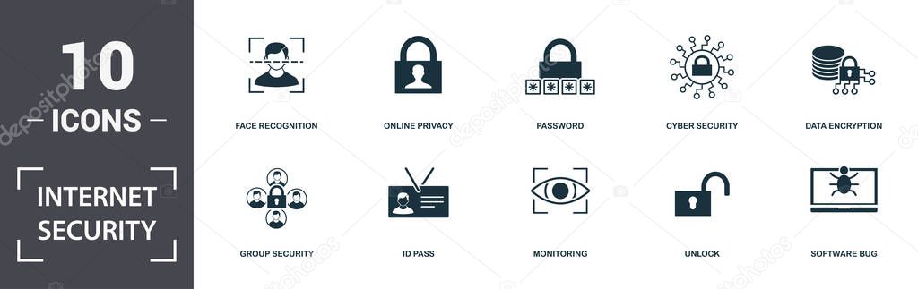 Internet Security icons set collection. Includes simple elements such as Face Recognition, Online Privacy, Password, Cyber Security, Data Encryption, Id Pass and Monitoring premium icons