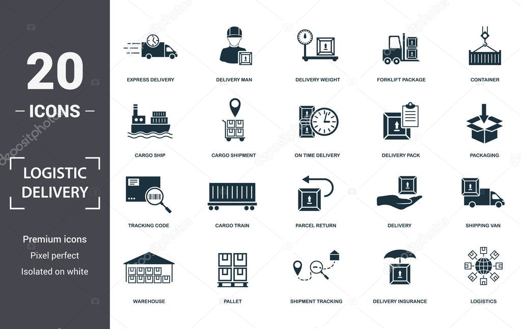 Logistics Delivery icons set collection. Includes simple elements such as Express Delivery, Delivery Man, Delivery Weight, Forklift Package, Container, Cargo Train and Parcel Return premium icons