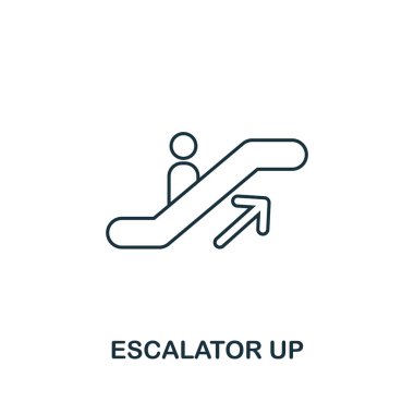 Yürüyen Merdiven Yukarı simgesi. Alışveriş merkezi tabela simgeleri koleksiyonundan ince çizgi anahat stili. Tasarım, uygulamalar, yazılım ve daha fazlası için premium yürüyen merdiven yukarı simgesi