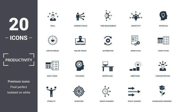 Produktivitet ikoner set Collection. Inkluderar enkla element som skicklighet, yrkesval, tidshantering, kreativitet, potential, fokusering och ikoner på arbetsplatsen Premium — Stockfoto