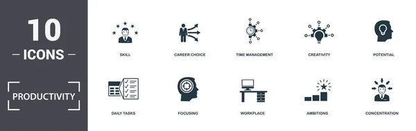 Icônes de productivité ensemble collection. Comprend des éléments simples tels que le plan de travail, les tâches à faire, les tâches quotidiennes, la mise au point, le milieu de travail, la croissance des connaissances et les icônes premium — Image vectorielle