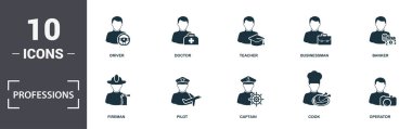 Meslekler simgeleri koleksiyonu ayarlar. Policeman, Fireman, Pilot, Captain, Cook ve Interaction premium simgeleri gibi basit öğeleri içerir