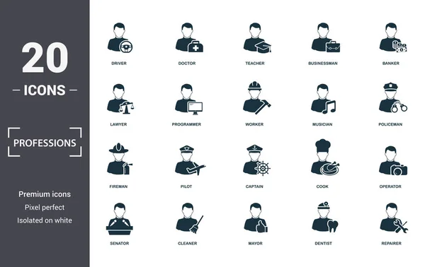 Professions icons set collection. Includes simple elements such as Driver, Doctor, Teacher, Businessman, Banker, Pilot and Captain premium icons