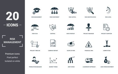 Risk Yönetimi simgeleri koleksiyonu ayarlar. Risk Yönetimi, Risk Yatırımı, Risk Sermayesi, Risk Tanımlama, Risk Düzeyi, Şirket Raporu ve Risk Kapsamı prim ikonları gibi basit unsurları içerir