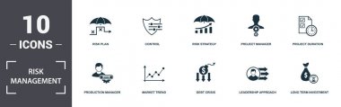 Risk Management icons set collection. Includes simple elements such as Risk Level, Risk Plan, Control, Risk Strategy, Project Manager, Production Manager and Market Trend premium icons clipart