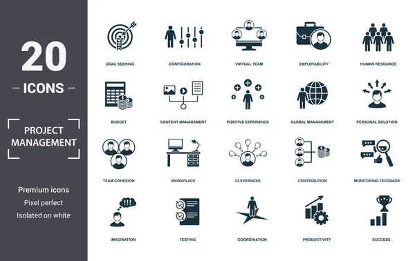 Los iconos de Project Management establecen la colección. Incluye elementos simples como búsqueda de metas, configuración, equipo virtual, empleabilidad, recursos humanos, lugar de trabajo e iconos premium de inteligencia — Archivo Imágenes Vectoriales