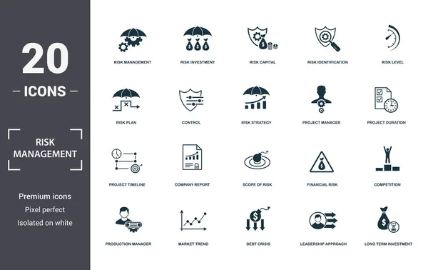 Iconos de gestión de riesgos colección conjunto. Incluye elementos simples como la gestión del riesgo, la inversión en riesgo, el capital riesgo, la identificación del riesgo, el nivel de riesgo, el informe de la empresa y el alcance de los iconos de la prima de riesgo. — Archivo Imágenes Vectoriales