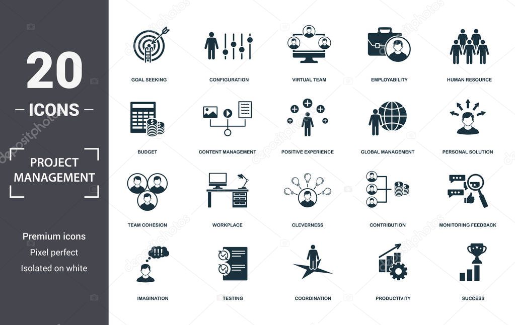 Project Management icons set collection. Includes simple elements such as Goal Seeking, Configuration, Virtual Team, Employability, Human Resource, Workplace and Cleverness premium icons