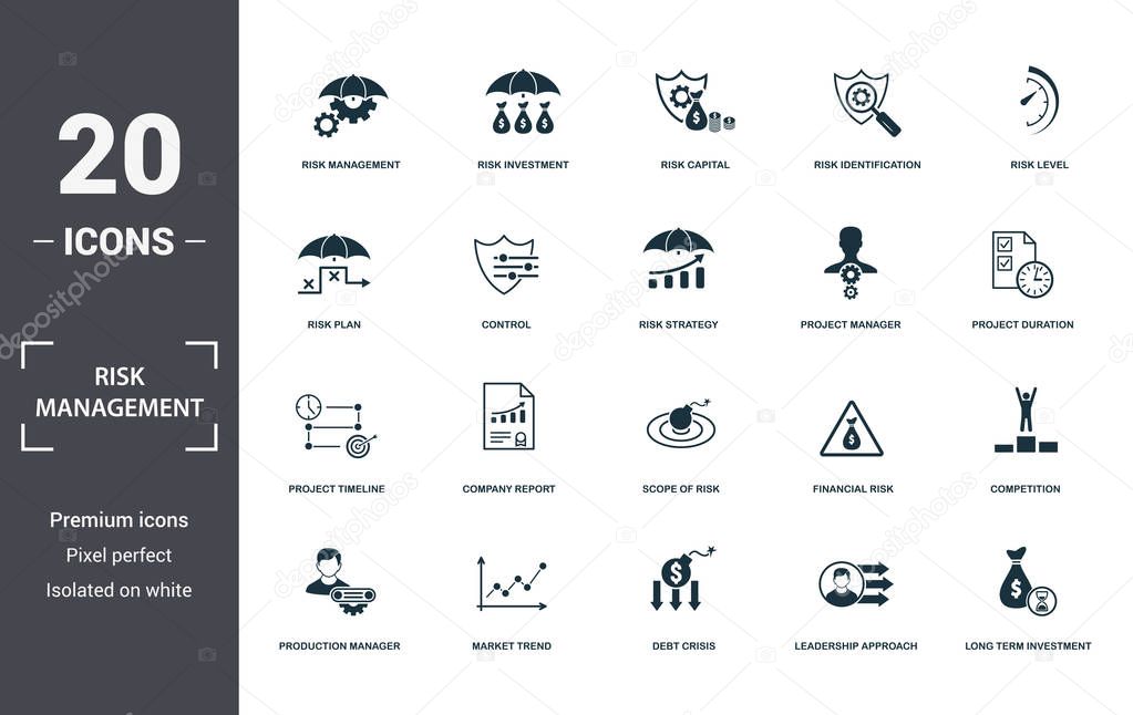 Risk Management icons set collection. Includes simple elements such as Risk Management, Risk Investment, Risk Capital, Risk Identification, Risk Level, Company Report and Scope Of Risk premium icons