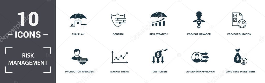 Risk Management icons set collection. Includes simple elements such as Risk Level, Risk Plan, Control, Risk Strategy, Project Manager, Production Manager and Market Trend premium icons