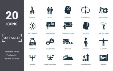Soft Skills simgeleri koleksiyonu ayarlar. Takım Ruhu, Empati, Kişilik, İletişim, İddialılık, İşbirliği ve Koçluk prim simgeleri gibi basit unsurları içerir