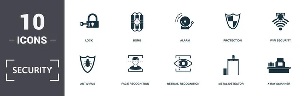 Security icons set collection. Includes simple elements such as Police Flasher, Lock, Bomb, Alarm, Protection, Antivirus and Face Recognition premium icons