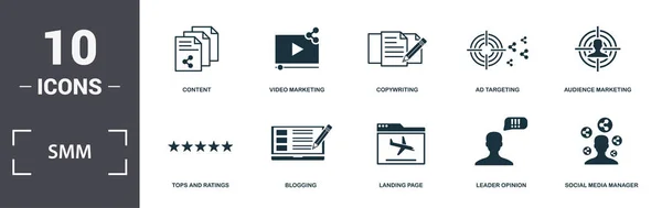 Smm icons set collection. Includes simple elements such as Like, Tops And Ratings, Blogging, Landing Page, Leader Opinion, and Cloud Hosting premium icons — Stock Photo, Image