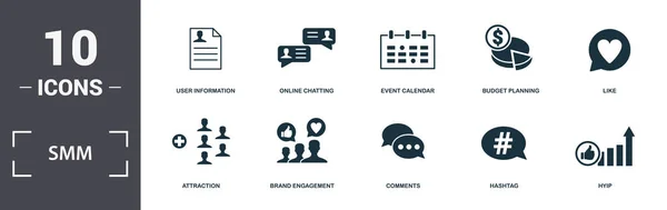 Set icone Smm collezione. Include elementi semplici come il marketing del pubblico, informazioni sugli utenti, chat online, calendario eventi, pianificazione del budget, attrazioni e icone premium di Brand Engagement — Foto Stock