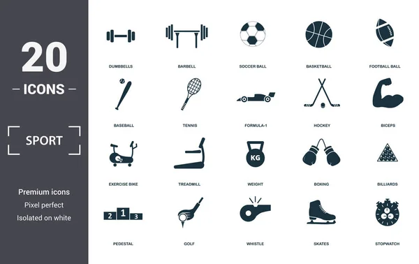 Sport Equipment icons set collection. Includes simple elements such as Dumbbells, Barbell, Soccer Ball, Basketball, Football Ball, Treadmill and Weight premium icons