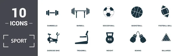 Sport Equipment ikon ditetapkan koleksi. Termasuk elemen sederhana seperti Biceps, Exercise Bike, Treadmill, Weight, Boxing, dan For Sale Premium Ikon — Stok Foto