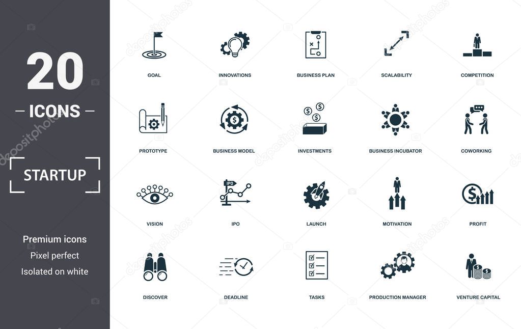 Startup icons set collection. Includes simple elements such as Goal, Innovations, Business Plan, Scalability, Competition, Ipo and Launch premium icons.