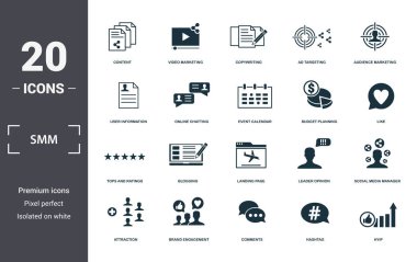 Smm simgeleri koleksiyonu ayarlar. İçerik, Video Pazarlama, Copywriting, Reklam Hedefleme, Hedef Kitle Pazarlama, Bloglama ve Açılış Sayfası prim simgeleri gibi basit öğeleri içerir