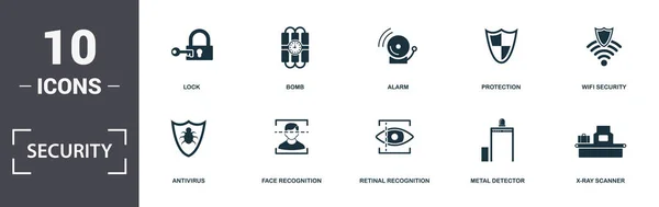Icônes de sécurité ensemble collection. Comprend des éléments simples tels que clignotant de police, serrure, bombe, alarme, protection, antivirus et reconnaissance faciale icônes premium — Image vectorielle