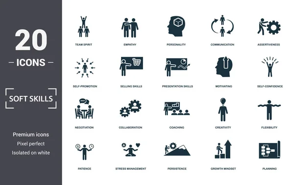 Soft Skills Icons Set Sammlung. umfasst einfache Elemente wie Teamgeist, Empathie, Persönlichkeit, Kommunikation, Durchsetzungsvermögen, Zusammenarbeit und Coaching Premium-Symbole — Stockvektor