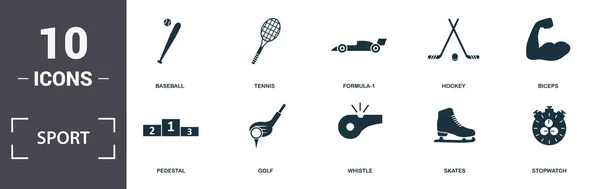 Коллекция иконок спортивного оборудования. Включает в себя простые элементы, такие как футбольный мяч, бейсбол, теннис, гоночный автомобиль, хоккей, пьедестал и гольф премиум-класса. — стоковый вектор