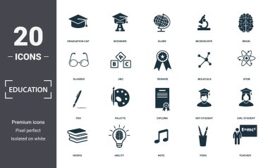 Eğitim simgeleri koleksiyonu ayarlar. Mezuniyet Şapkası, Başlangıç, Küre, Mikroskop, Beyin, Palet ve Diploma prim ikonları gibi basit öğeleri içerir