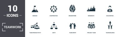 Takım çalışması simgeleri koleksiyonu ayarlar. Çalışma Grubu, Takım Üretkenliği, Birlik, Takım Ruhu, Proje Ekibi ve Mobilite prim simgeleri gibi basit öğeleri içerir