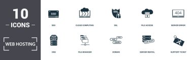 Web Barındırma simgeleri koleksiyonu ayarlar. Bulut Klasörü, Ssd, Cloud Computing, Ssl, File Access, Dns ve File Manager premium simgeleri gibi basit öğeleri içerir