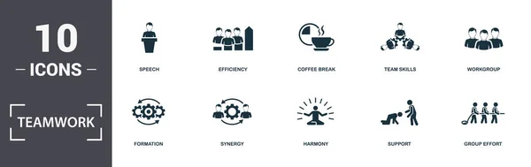 Teamwork-Symbole setzen Kollektion. umfasst einfache Elemente wie Beruf, Sprache, Effizienz, Kaffeepause, Teamfähigkeit, Bildung und Synergieeffekte. — Stockfoto