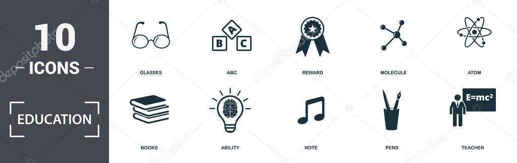 Education icons set collection. Includes simple elements such as Brain, Glasses, Abc, Reward, Molecule, Books and Ability premium icons.